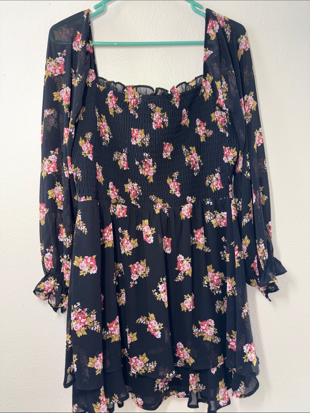 Lily Rose Black Floral Mini Dress with Pink & Green Accents